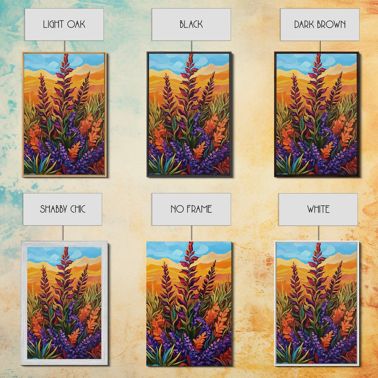Wildflower Field, Autumn Leaves, Mountain Sunset, Earth Tones, Fall Botanical Art, Living Room Wall Art, Framed Canvas Print