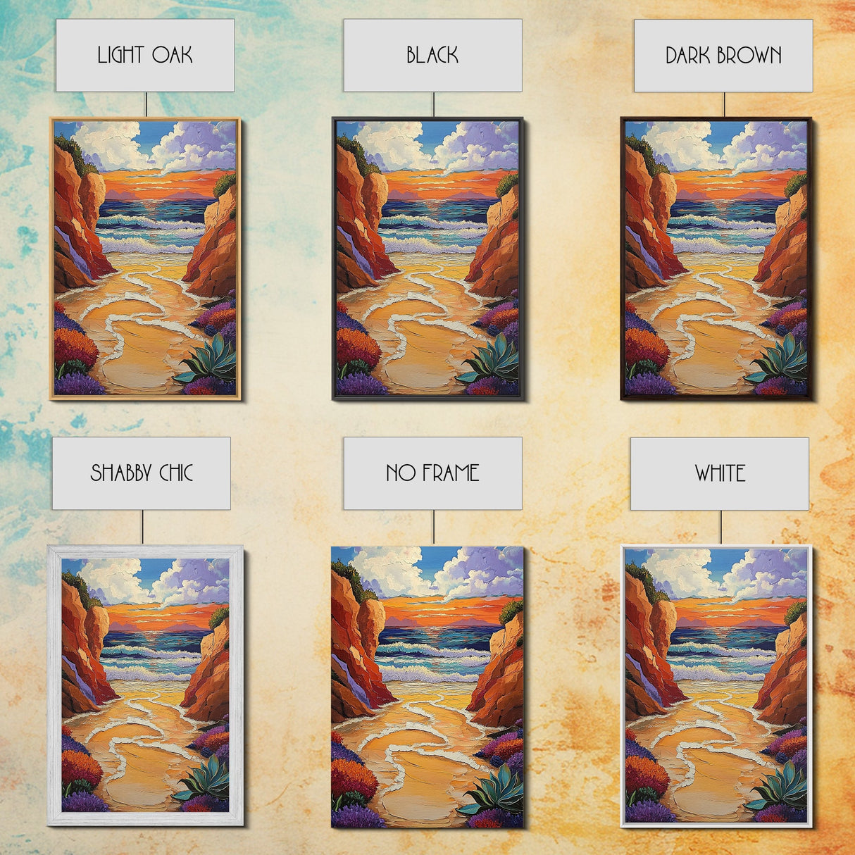 Golden Beach, Sunset Cliffs, Vibrant Ocean Art, Coastal Escape, Fall Color Palette, Canvas Print, Bedroom Wall Art, Tranquil Style
