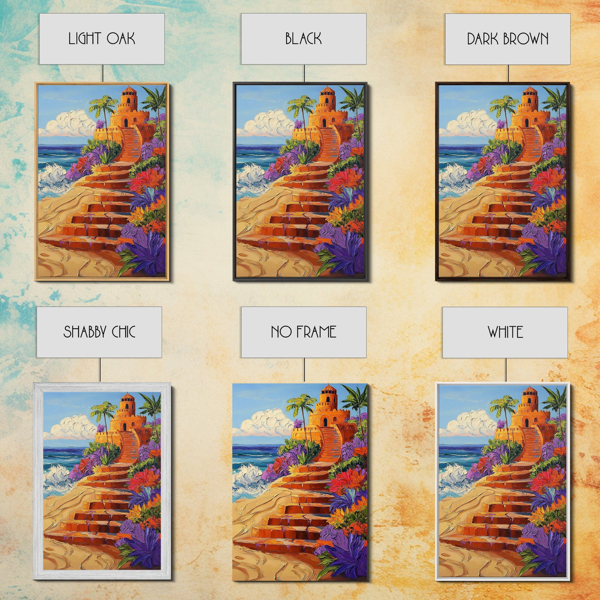 Coastal Castle, Vibrant Tropics, Seaside Fantasy Art, Bold Beach Decor, Playful Wall Accent, Framed Canvas Print, Tropical Style Room