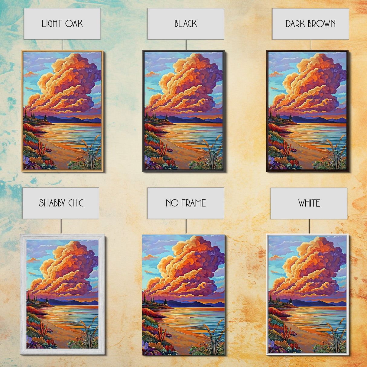 Sunset Bay, Dramatic Clouds, Lakeside View, Village Scene — Canvas Print rustic lake house decor, Fall living room wall art, scenic painting
