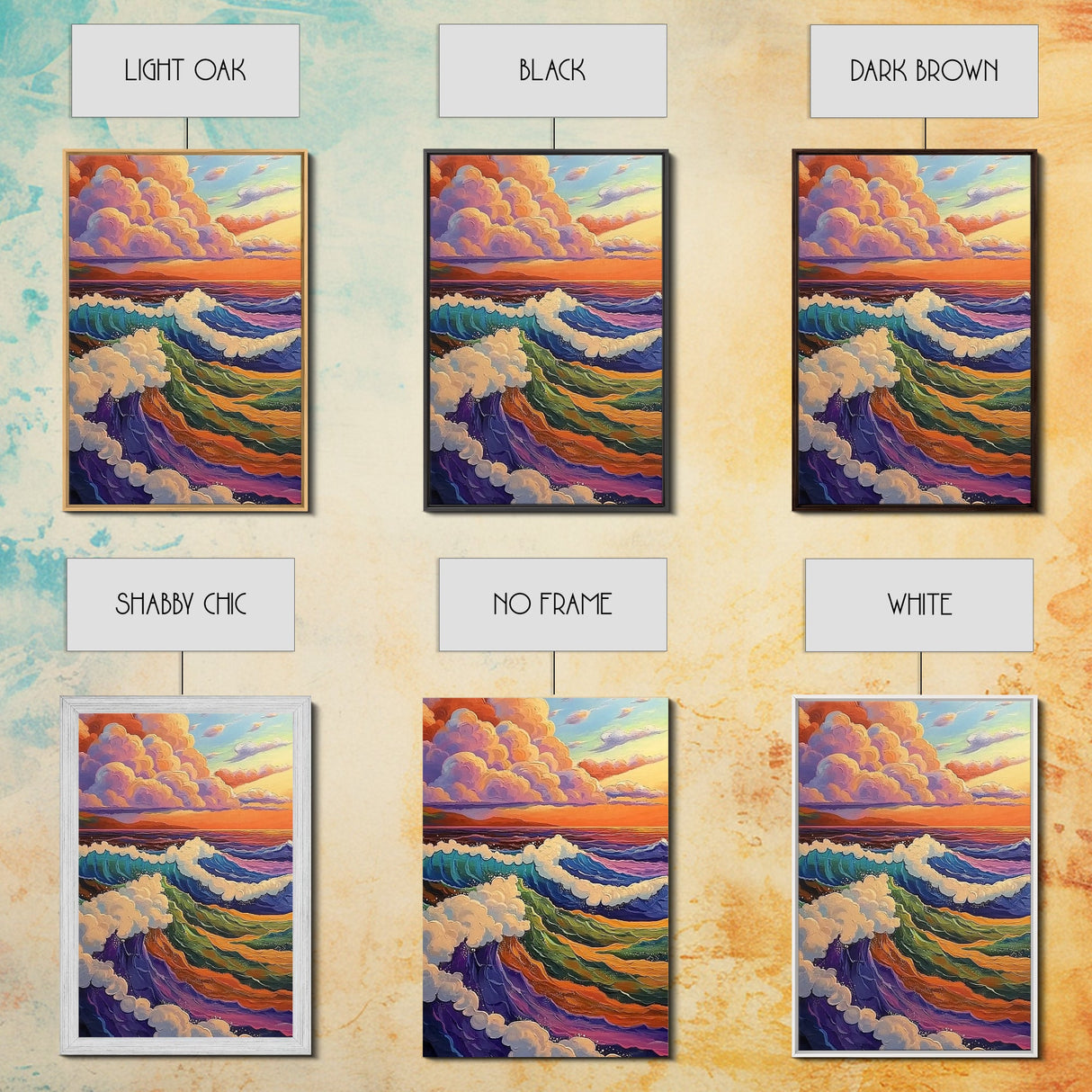 Colorful Ocean Waves, Sunset Surf Art, Rainbow Water Scene, Framed Canvas Print, Coastal Wall Decor, Vibrant Bathroom Art