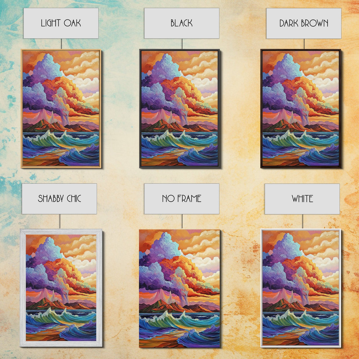 Stormy Coastal Sunset, Rainbow Clouds Over Ocean, Dramatic Sky Wall Art, Framed Canvas Print, Boho Nature Decor, Living Room Art