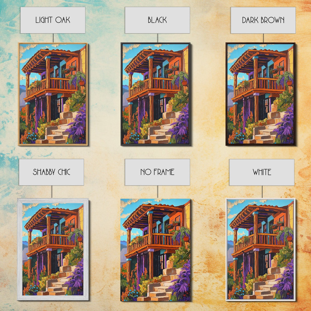 Rustic Balcony View, Desert Garden Colors, Southwest Home Art, Framed Canvas Print, Living Room Wall Art, Boho Summer Decor