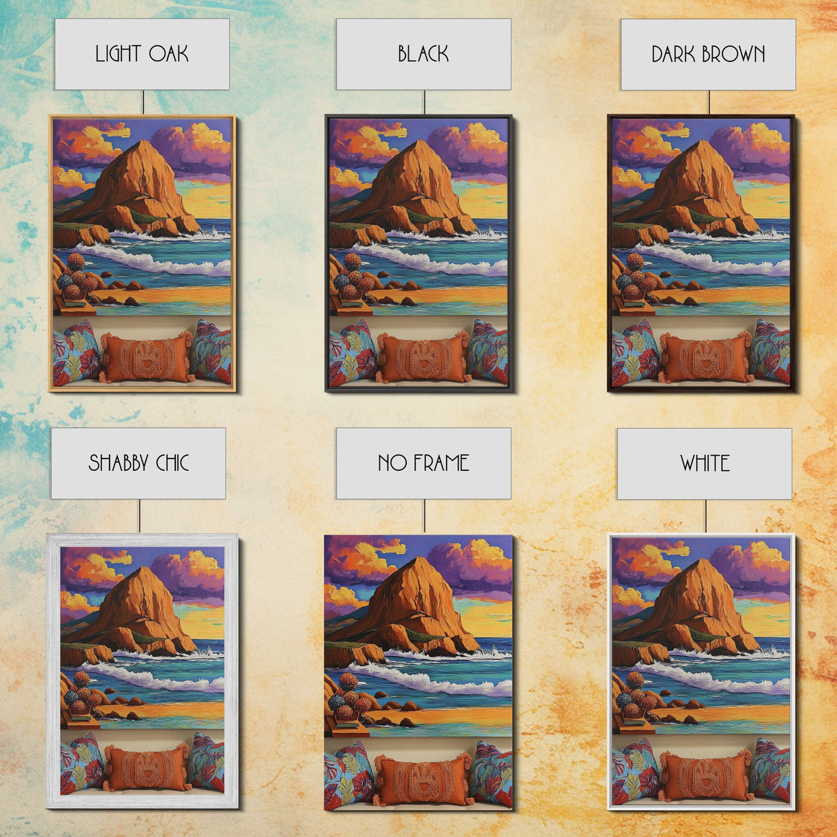 Sunset Beach, Cliffs, Waves, Framed Canvas Print vibrant coastal wall art, beach house decor, ocean cliffs, boho style, living room wall art