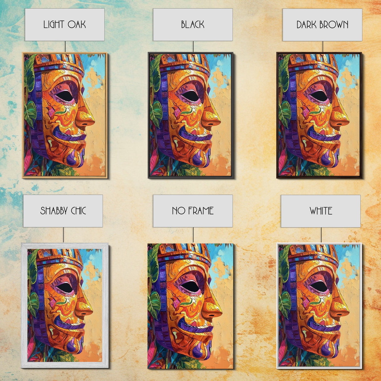 Tribal Mask Side, Exotic Face Wall Decor, Canvas Print, Cultural Art Style, Office Accent Art, Tiki Mask Inspired Home Wall Art