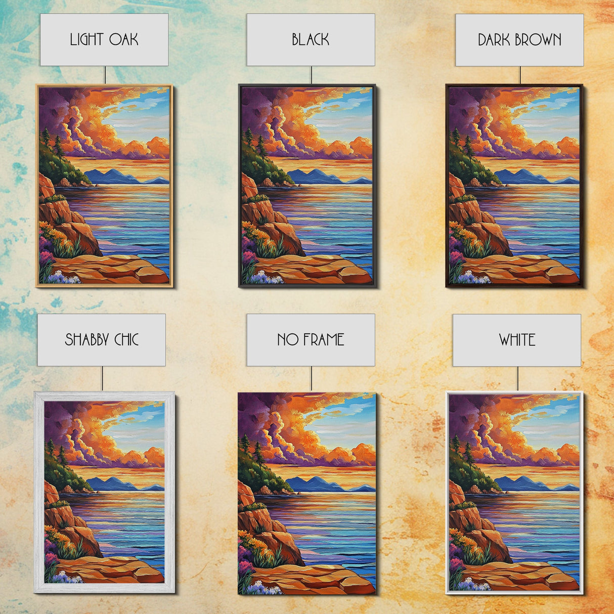 Sunset Shore, Tranquil, Mountains, Framed Canvas Print scenic mountain coast, sunset wall art, calming nature art, bohemian living room decor