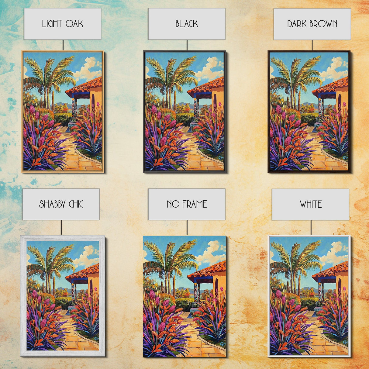 Tropical Path, Palm Trees, Garden Walkway, Vibrant Flora, Framed Canvas Print patio decor, vacation home wall art, coastal impressionist