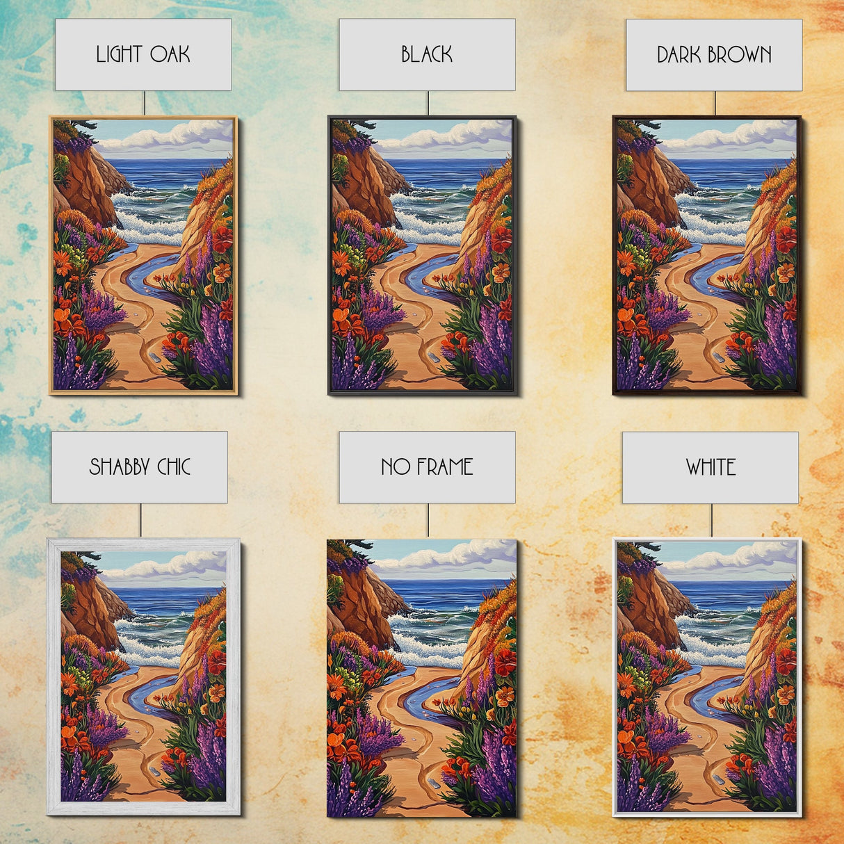 Coastal Path, Floral Trail, Ocean View, Beach Landscape, Framed Canvas Print, boho art, hallway decor, tropical wall art, beach house art