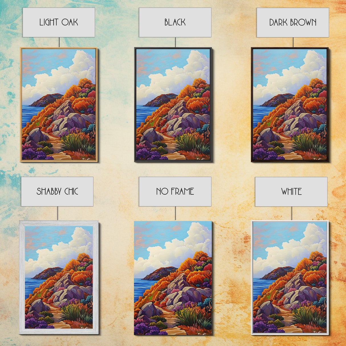 Autumn Cliffside, Trail, Ocean, Framed Canvas Print, fall coastal landscape, boho mountain decor, bold colors, seasonal Living Room art