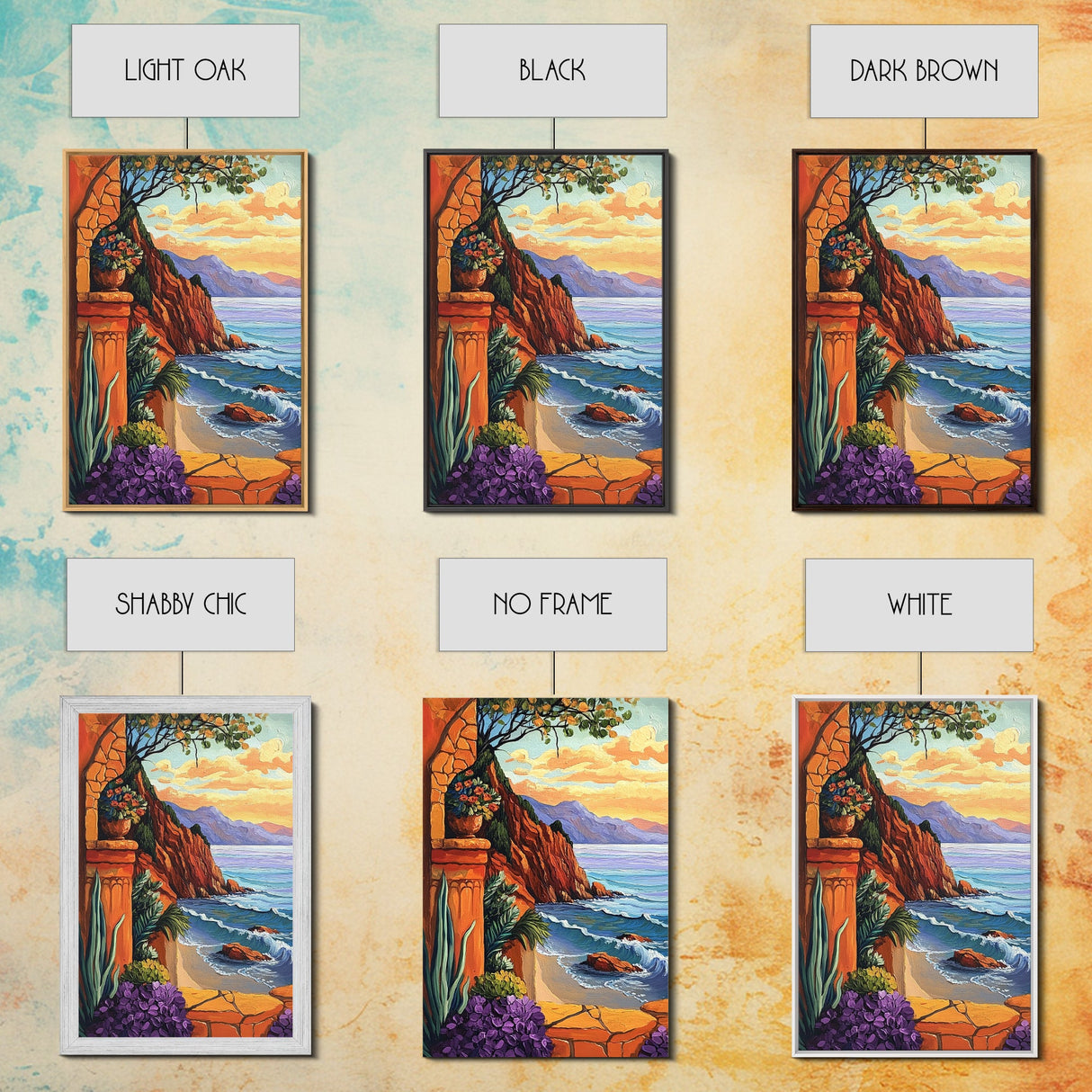 Seaside Terrace, Sunset Florals, Framed Canvas Print romantic ocean view artwork, Mediterranean decor, Kitchen Wall Art, rustic art
