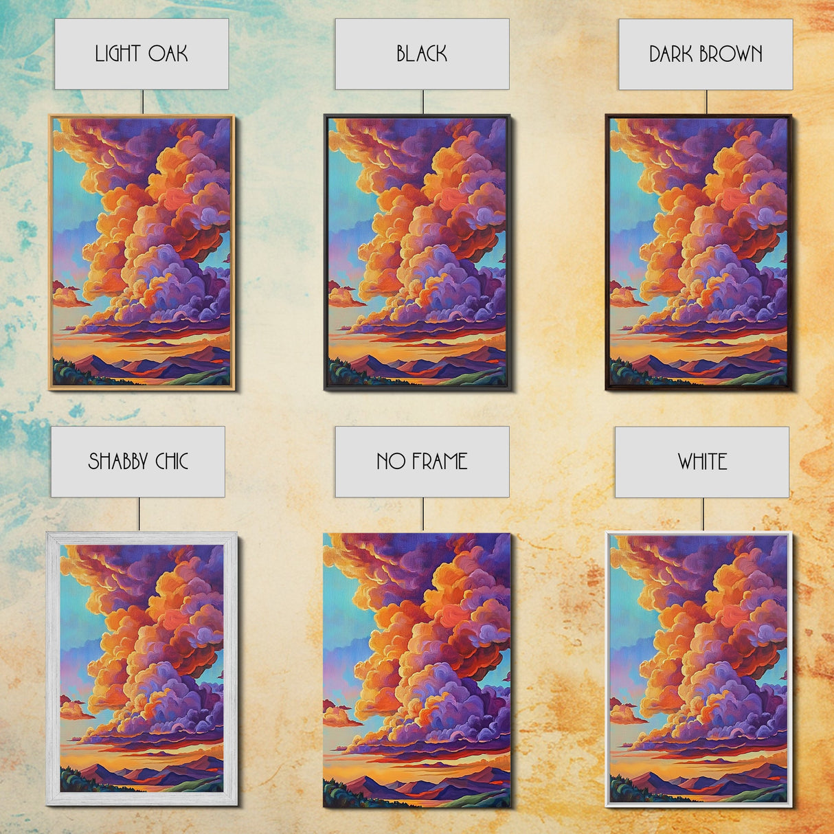 Clouds Sunset, Skies, Mountains, Framed Canvas Print dramatic sky art, colorful cloudscape painting, Bedroom Wall Art, dreamy wall decor