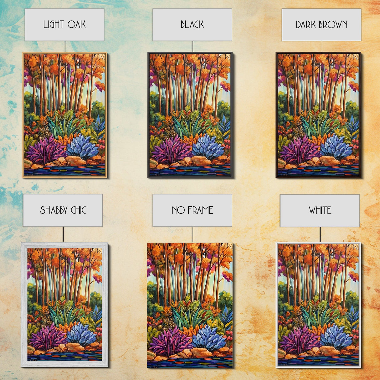 Autumn Forest, Leaves Colorful, Framed Canvas Print bright fall foliage nature painting, botanical boho forest scene, Kitchen Wall Art