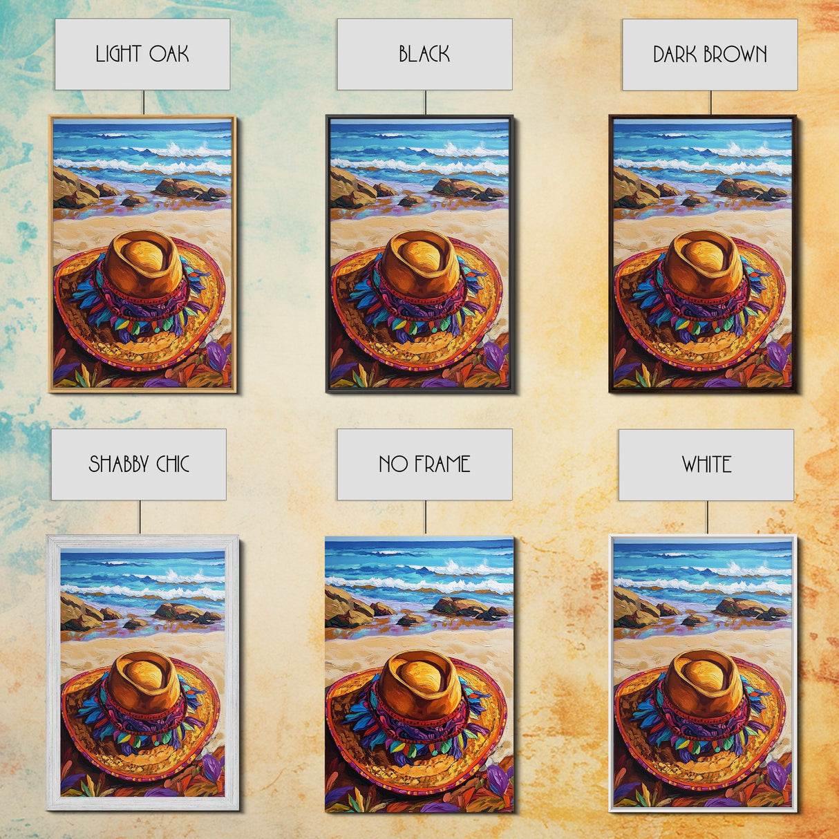 Beach, Hat, Summer, Coastal, Canvas Print, Summer beach scene with festive sombrero, great coastal kitchen or vacation home wall art