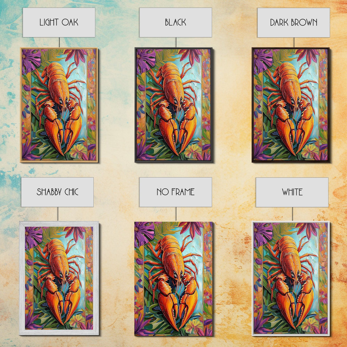 Lobster Coastal, Nautical, Kitchen, Framed Canvas Print, Bold orange lobster art with tropical florals, great coastal kitchen wall art