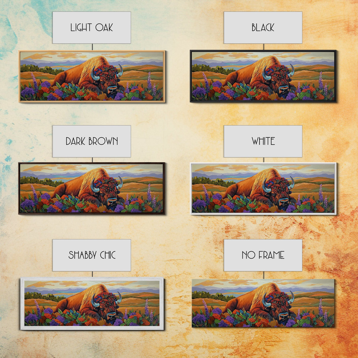 Resting Bison, Sunset Plains, Prairie Wildflowers, Framed Canvas Print, Autumn Decor, Western Wall Art, Cabin Living Room Accent