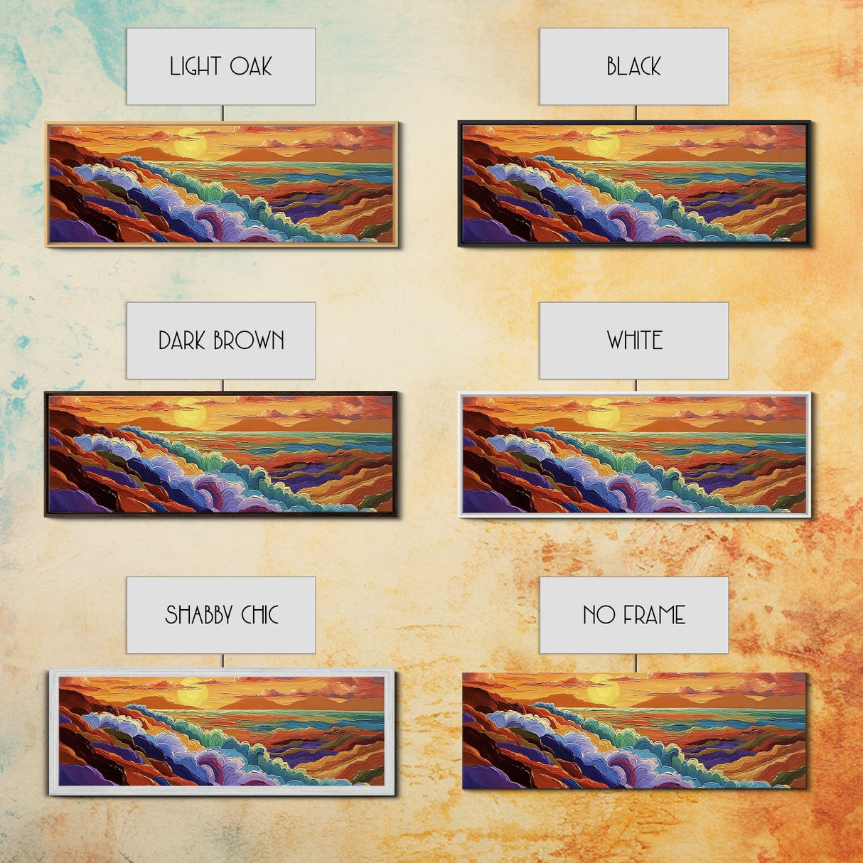 Rainbow Waves, Abstract Seascape, Sunset Magic, Bold Ocean Energy, Framed Canvas Print, Modern Wall Art, Artistic Living Room Decor