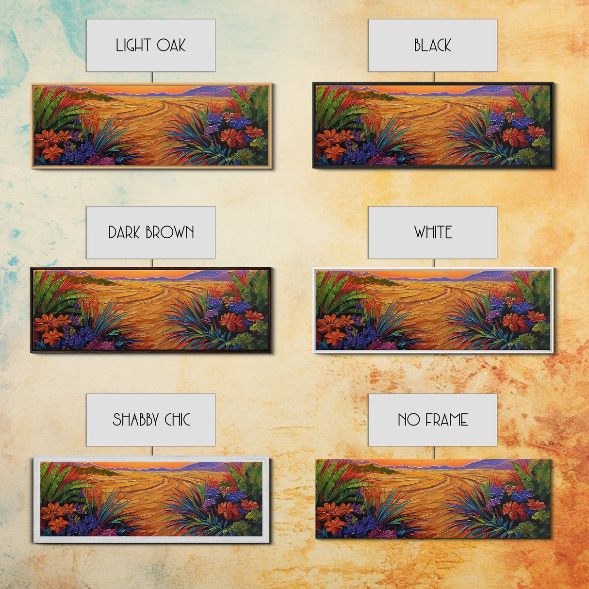 Golden Horizon Path, Vibrant Floral Border, Nature Sunset Painting, Framed Canvas Print, Bedroom Wall Art, Warm Color Landscape