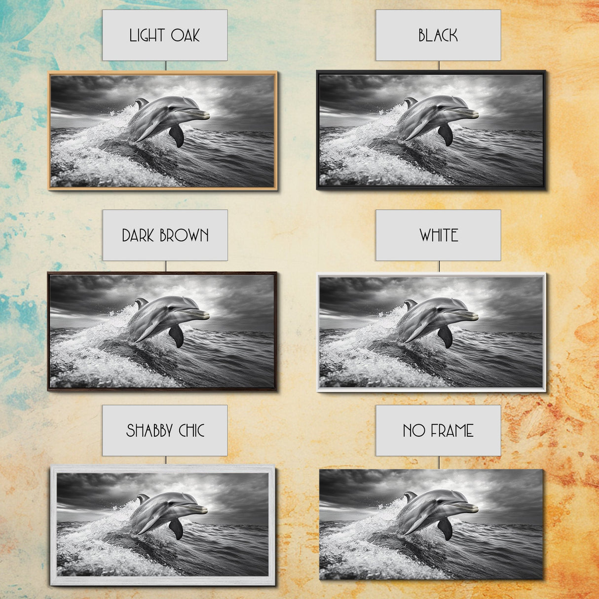 Leaping Dolphin, Ocean Life, Marine Animal, Waves Splashing, Framed Canvas Print, Coastal Kids Room Art, Beach House Decor
