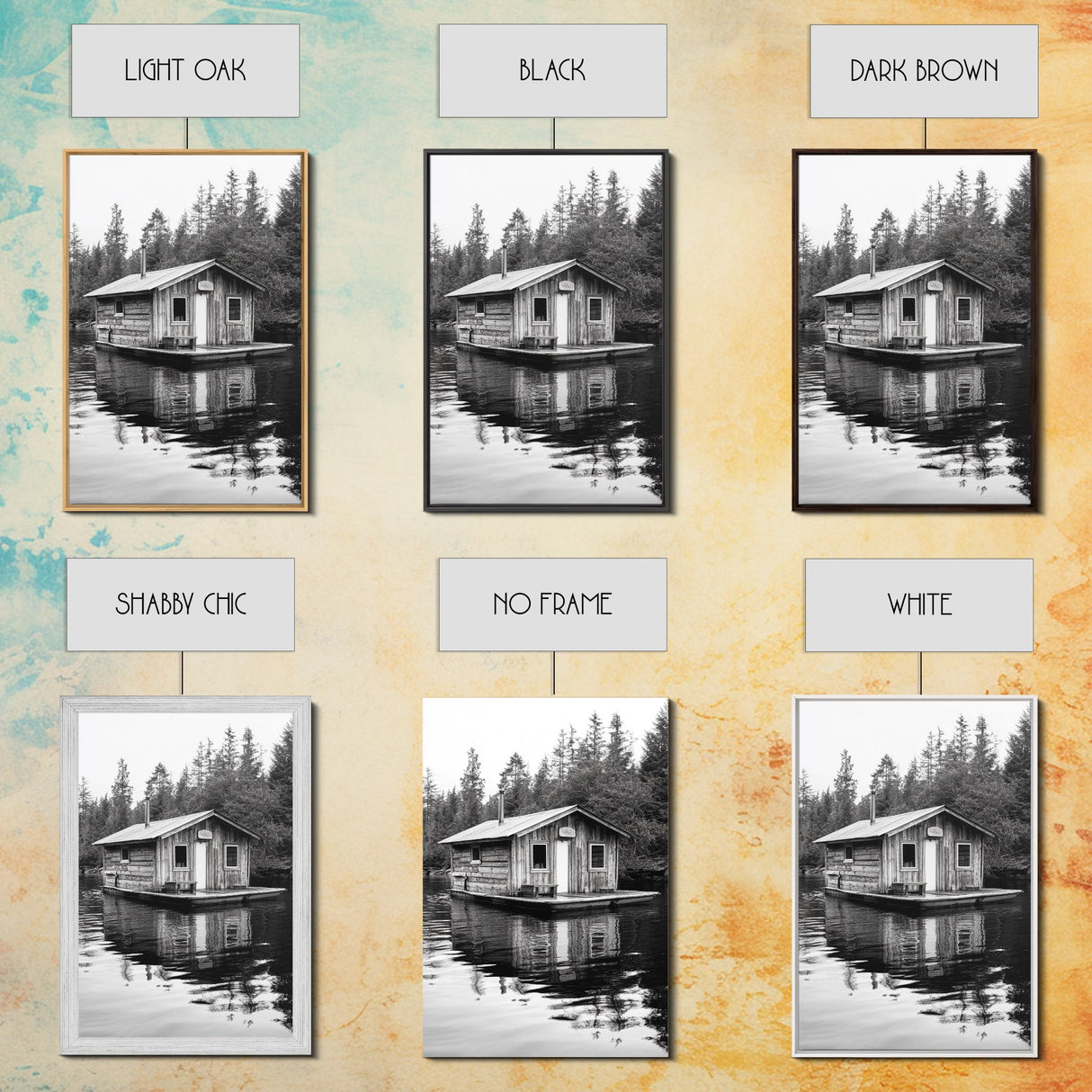Floating Cabin, Lake House, Forest Reflection, Tranquil Waters, Framed Canvas Print, Bedroom Wall Art, Cabin Aesthetic, Rustic Nature Vibe