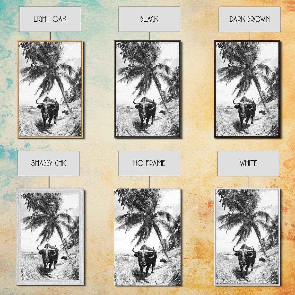 Tropical Bull, Palm Tree, Island Wildlife, Rural Photography, Framed Canvas Print, Kitchen Wall Art, Exotic Boho Decor, farmhouse decor
