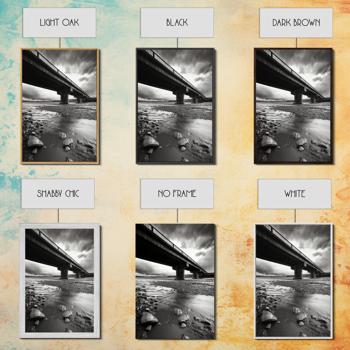 Stormy Bridge, River Rocks, Dramatic Sky, Modern Landscape, Framed Canvas Print, Moody Photography, Office Wall Art, Minimalist Decor