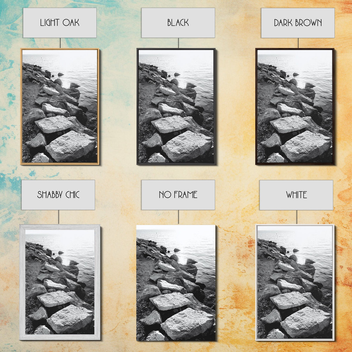 Shore Rocks, Sunlit Ocean, Rugged Texture, Minimal Horizon, Framed Canvas Print, Entryway Wall Art, Beach Decor, Neutral Tones