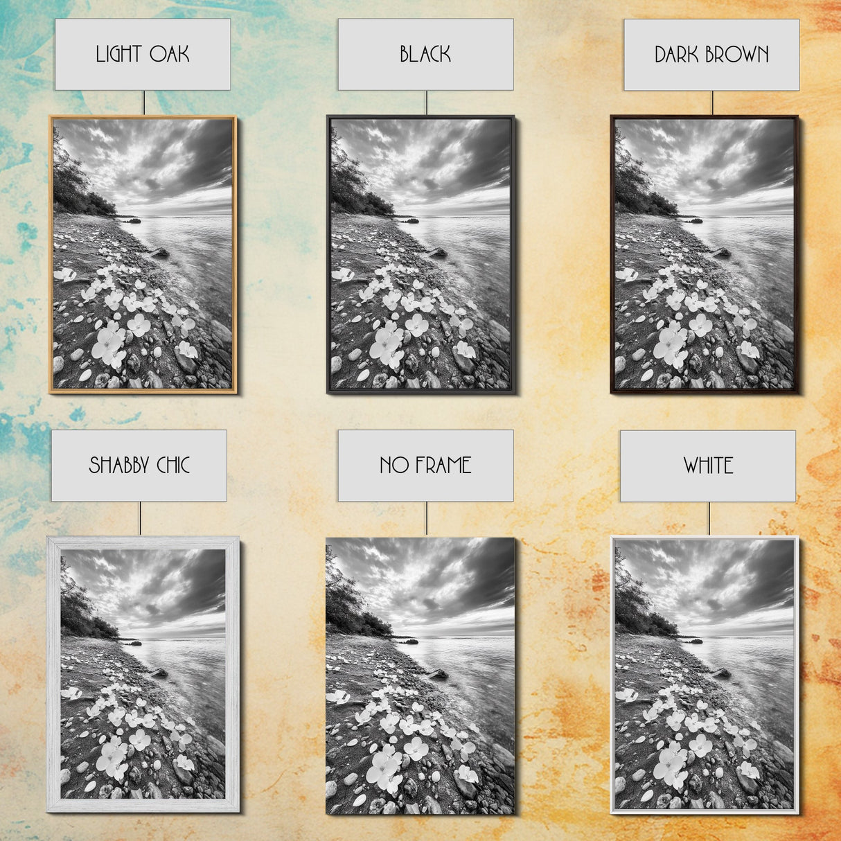 Flower Shore, Peaceful Beach, Moody Sky, Petal Scape, Framed Canvas Print, romantic beach art, bedroom decor, black and white floral print