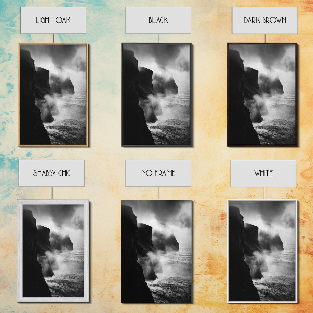 Stormy Cliffs, Ocean Fog, Monochrome Coast, Wild Nature Framed Canvas Print, moody wall art, rustic living room decor, dark aesthetic