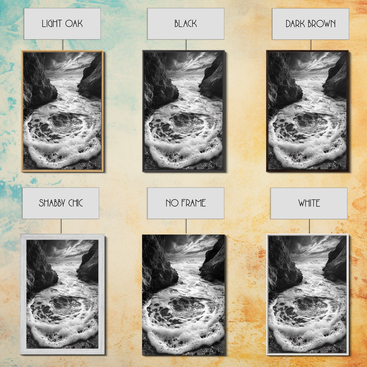 Sea Whirlpool, Dramatic Ocean, Coastal Rocks, Nature Motion, Framed Canvas Print, Bathroom Art, Modern Seaside Wall Decor