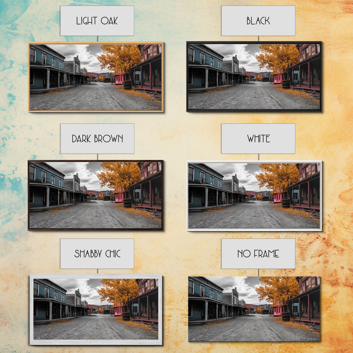 Wild West Town, Autumn Trees, Empty Street, Color Pop, Framed Canvas Print, Rustic Wall Decor, Hallway Art, Americana Style