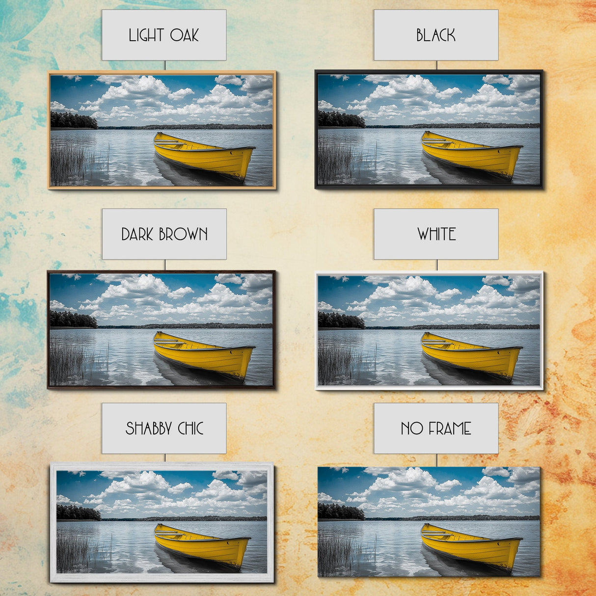 Yellow Rowboat, Calm Waters, Blue Sky, Sunny Lake – Framed Canvas Print, Summer Wall Art, Coastal Decor, Modern Nautical Style