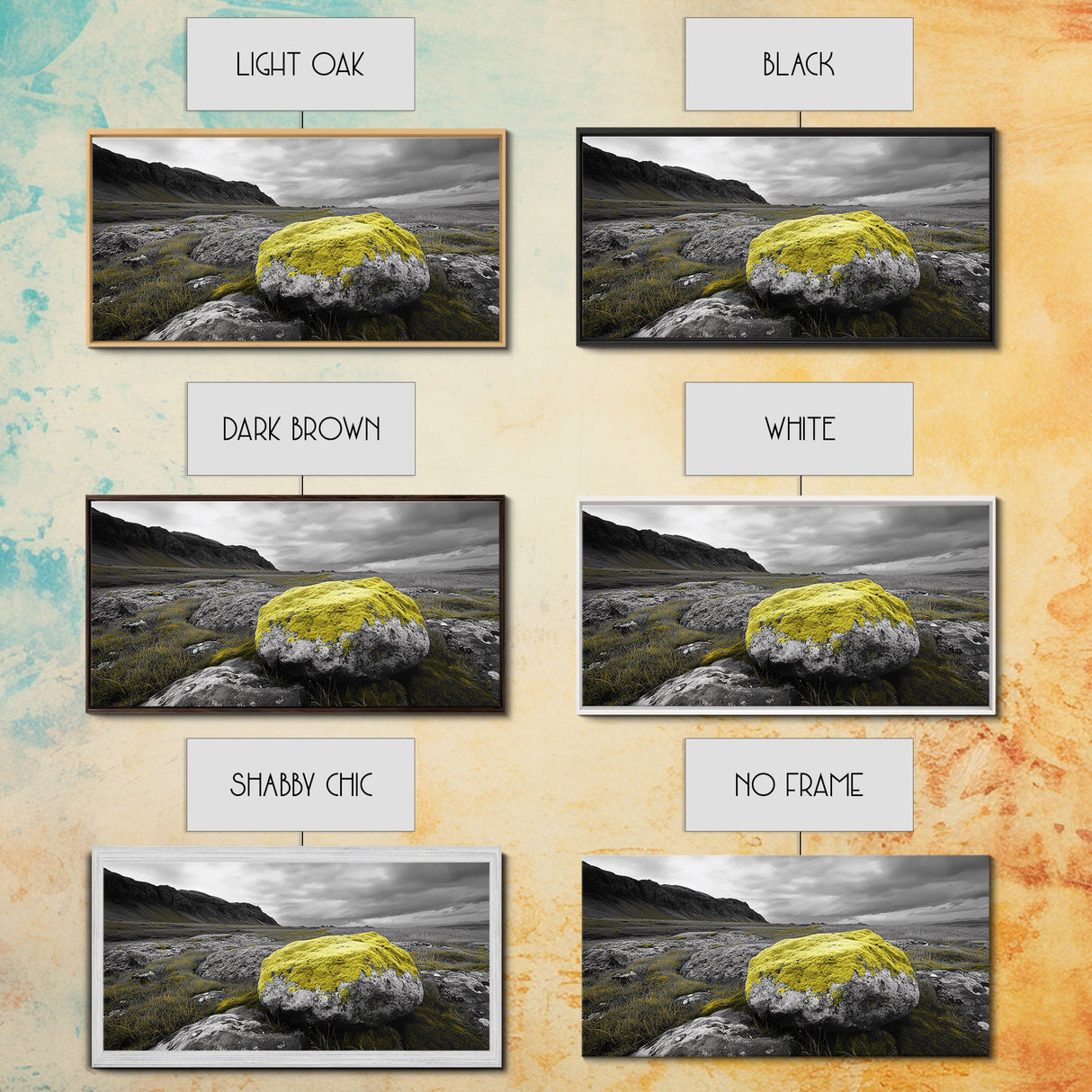 Yellow Moss Rock, Moody Nature Photography, Icelandic Landscape Art, Wilderness Inspired Canvas Print, Rustic Cabin Wall Decor