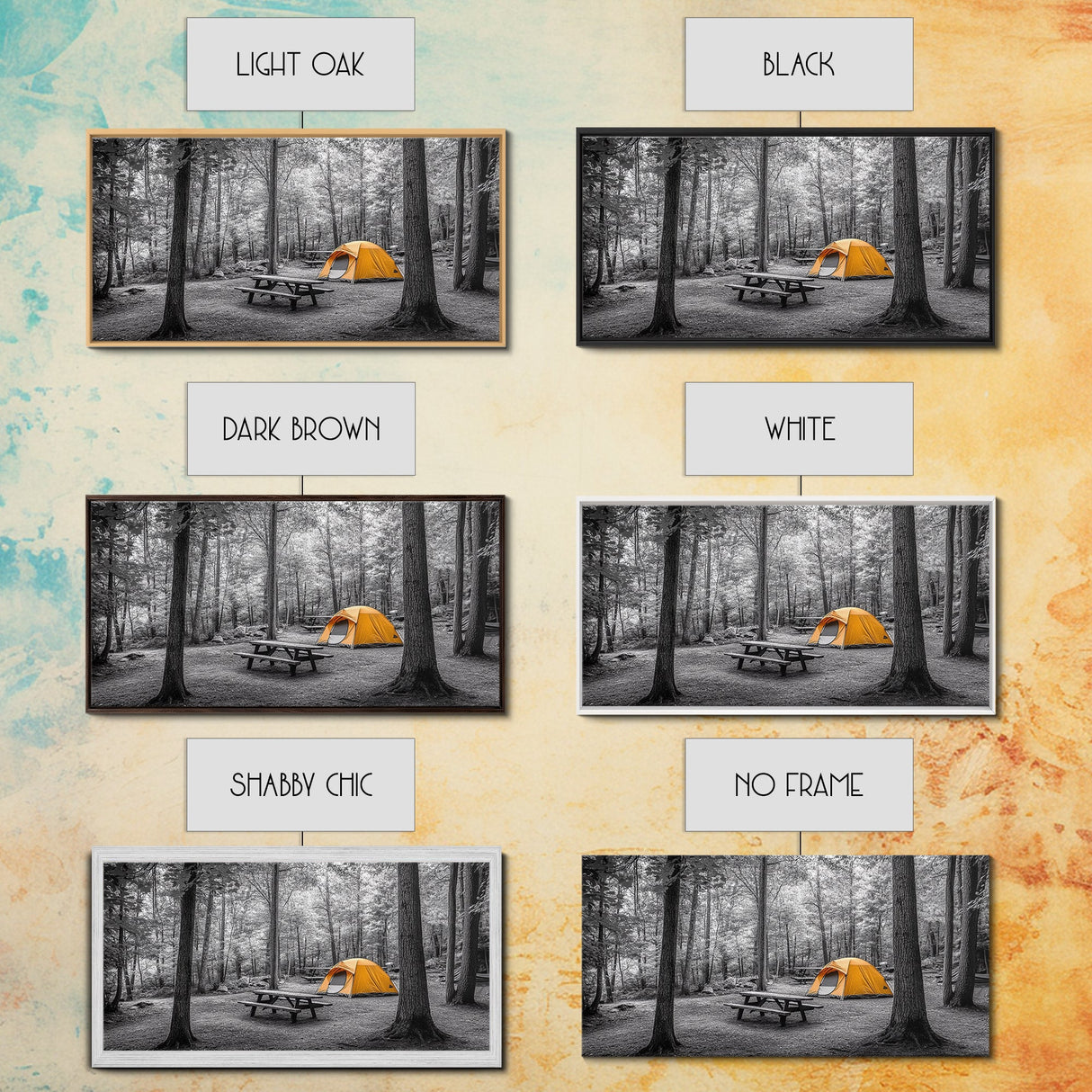 Yellow Tent, Forest Camping, Wilderness Escape, Outdoor Living, Framed Canvas Print, Fall Bedroom Art, Minimalist Nature, Hiking Vibes