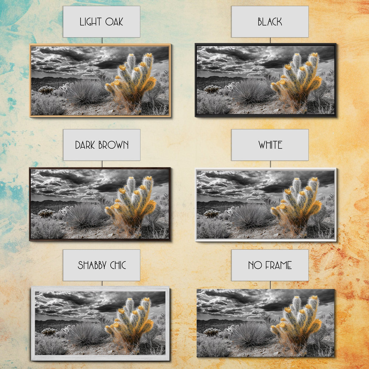 Golden Bloom Cactus, Desert Storm Landscape, Framed Canvas Print, Rustic Decor, Boho Western Art, Entryway Wall Art, Autumn Style