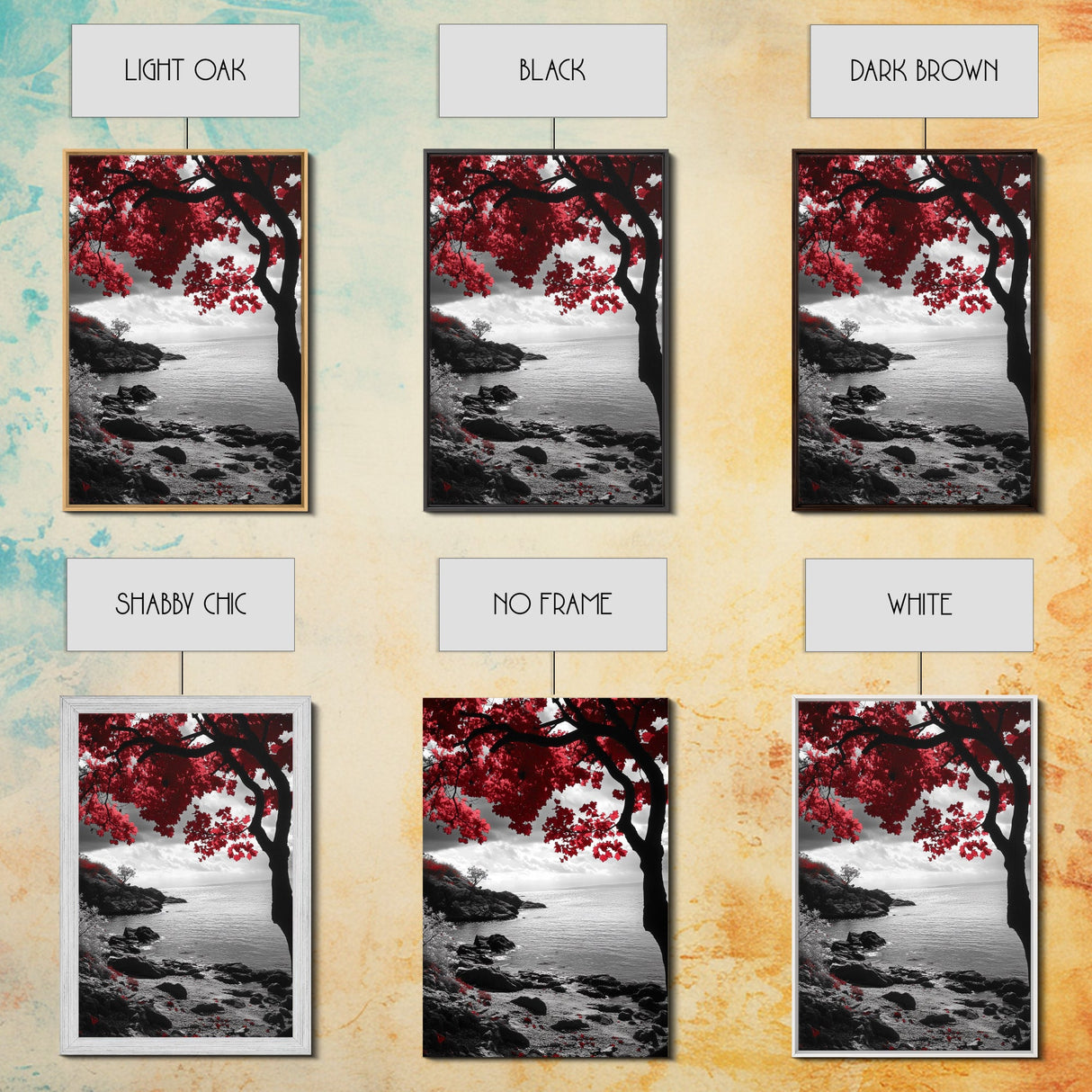 Red Leaves, Dramatic Coast, Ocean Horizon, Canvas Print, Autumn Coastal Wall Art, Bold Nature Photography, Moody Fall Decor, Beach Theme