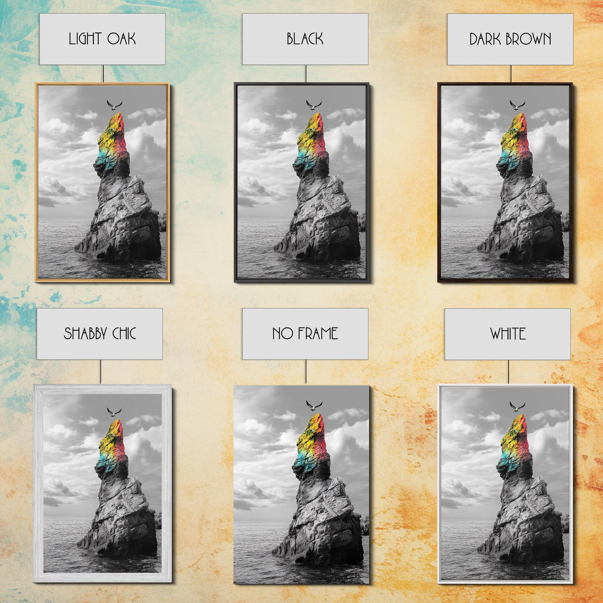 Rainbow Cliff, Soaring Bird, Ocean Rock Scene, Canvas Print, Nature Adventure Wall Art, Vibrant Seascape Decor, Coastal Living Accent