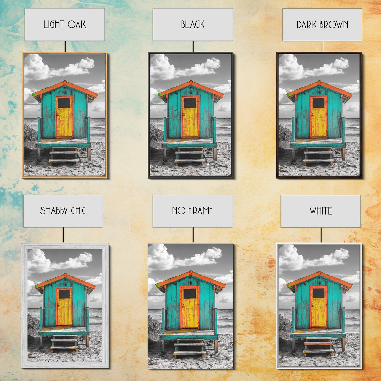 Colorful Beach Hut, Surf Shack, Coastal Cabin, Framed Canvas Print, Tropical Wall Art, Living Room Decor, Bright Summer Home Style