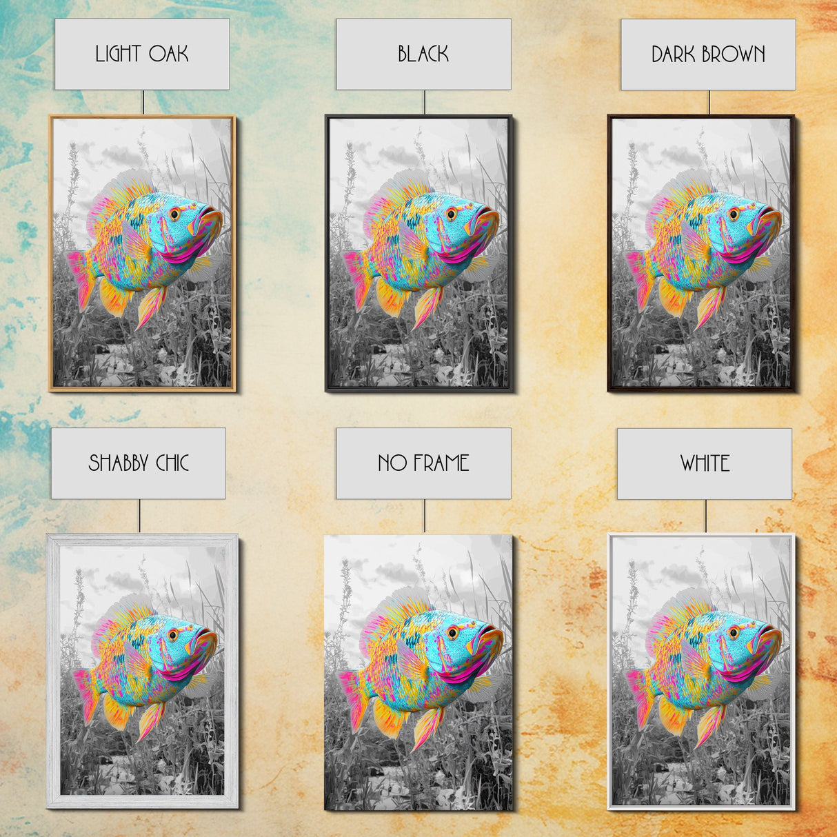 Neon Fish, Color Splash, Bright Animal, Vibrant Water, Framed Canvas Print psychedelic aquatic art, kids room fish wall decor, animal print
