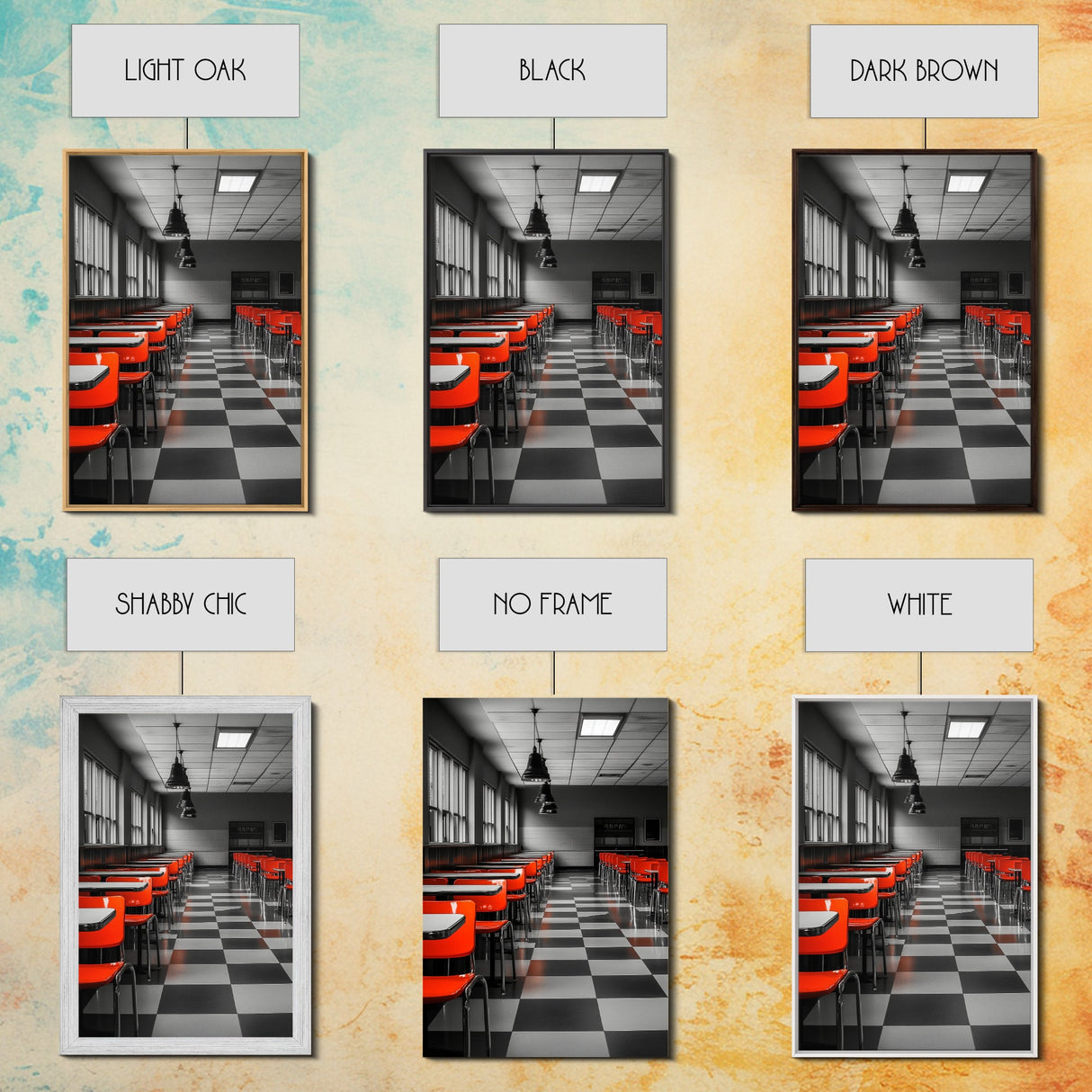 Retro Cafeteria, Red Chairs, Midcentury Modern Art, Canvas Print, Black and White Pop Art, Kitchen Wall Decor, Industrial Style