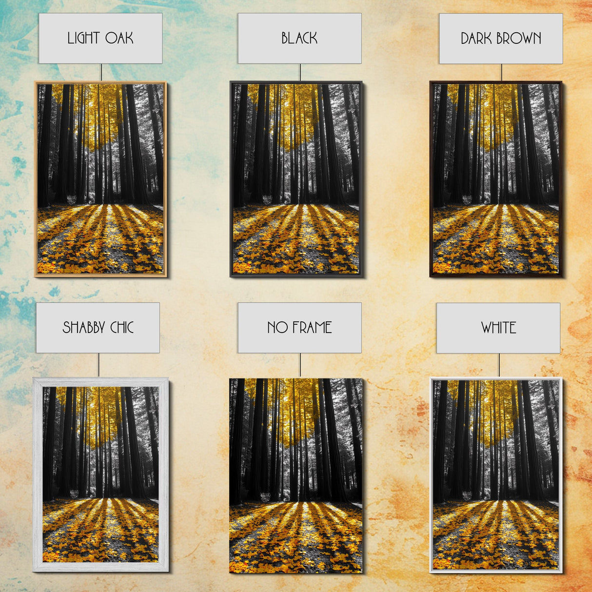 Golden Forest Light, Fall Leaves, Tall Trees Shadows, Tranquil Scene, Framed Canvas Print, Autumn Wall Art, Boho Living Room Decor