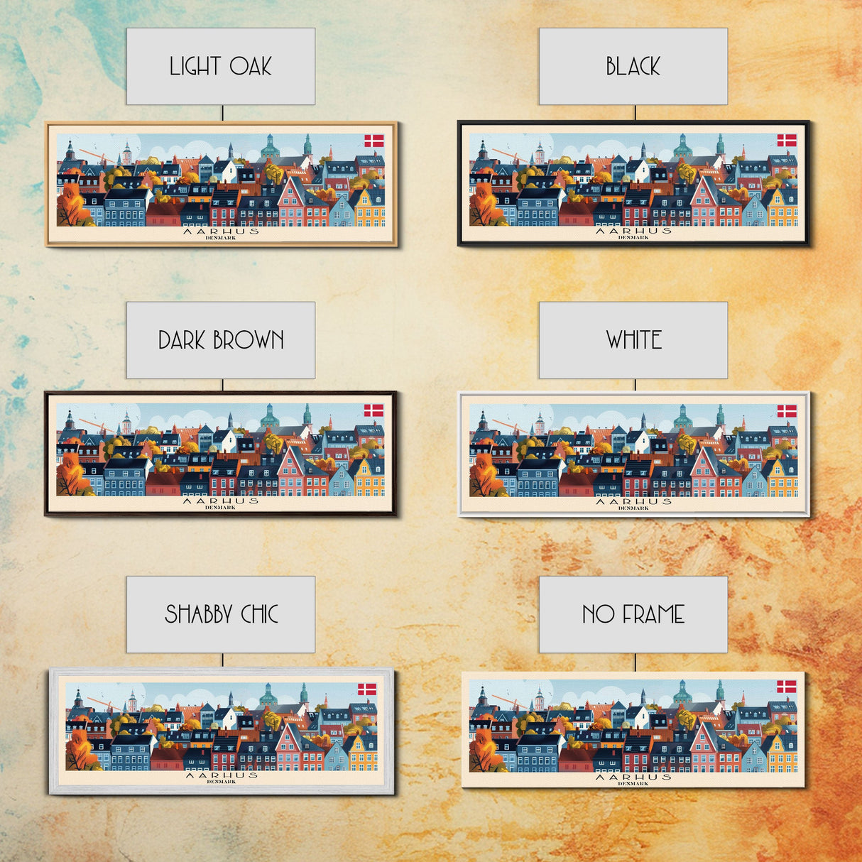 Aarhus Denmark Panoramic Travel Poster, Framed Canvas Print or Metal Wall Art, Travel Art, Home Decor, Panoramic Painting, Midcentury Art