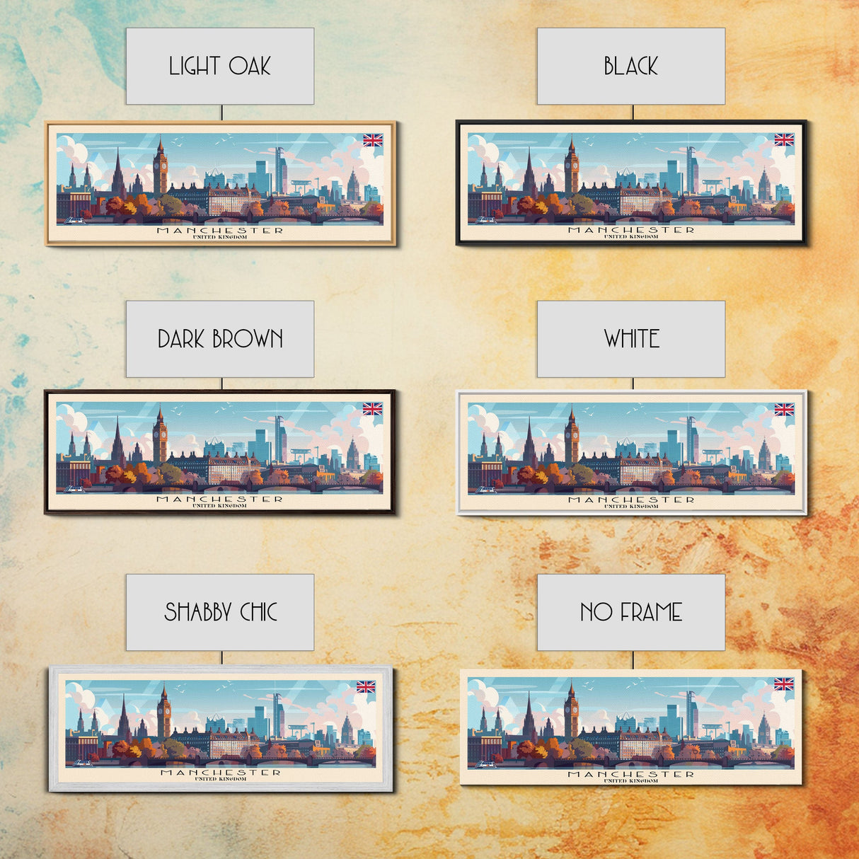 Manchester United Kingdom Panoramic Travel Poster, Framed Canvas Print or Metal Wall Art, Travel Art, Home Decor, Panoramic Painting, Midcentury Art