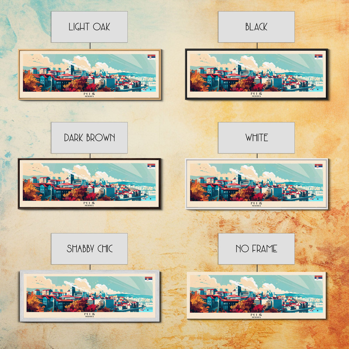 Niš Serbia Panoramic Travel Poster, Framed Canvas Print or Metal Wall Art, Travel Art, Home Decor, Panoramic Painting, Midcentury Art