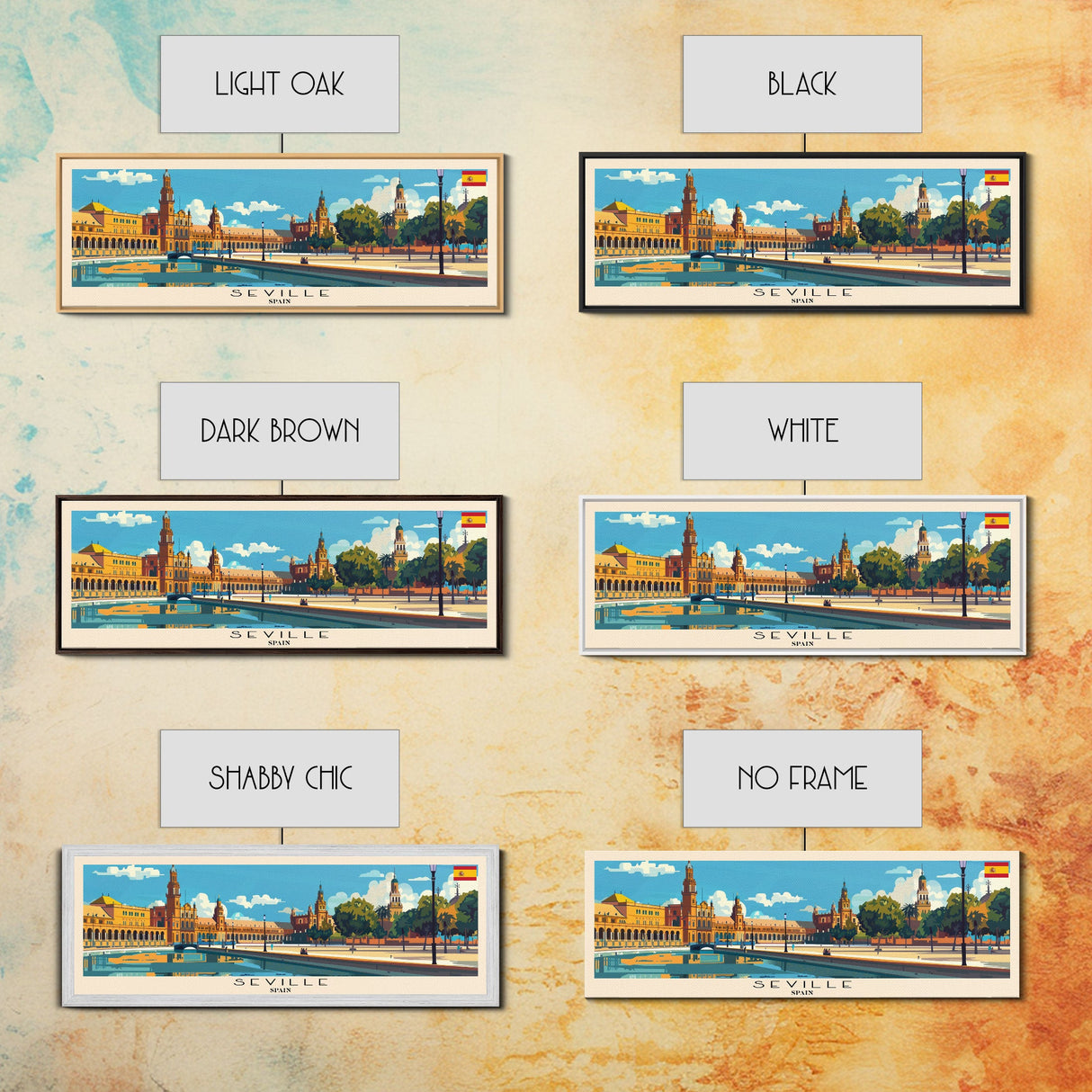 Seville Spain Panoramic Travel Poster, Framed Canvas Print or Metal Wall Art, Travel Art, Home Decor, Panoramic Painting, Midcentury Art