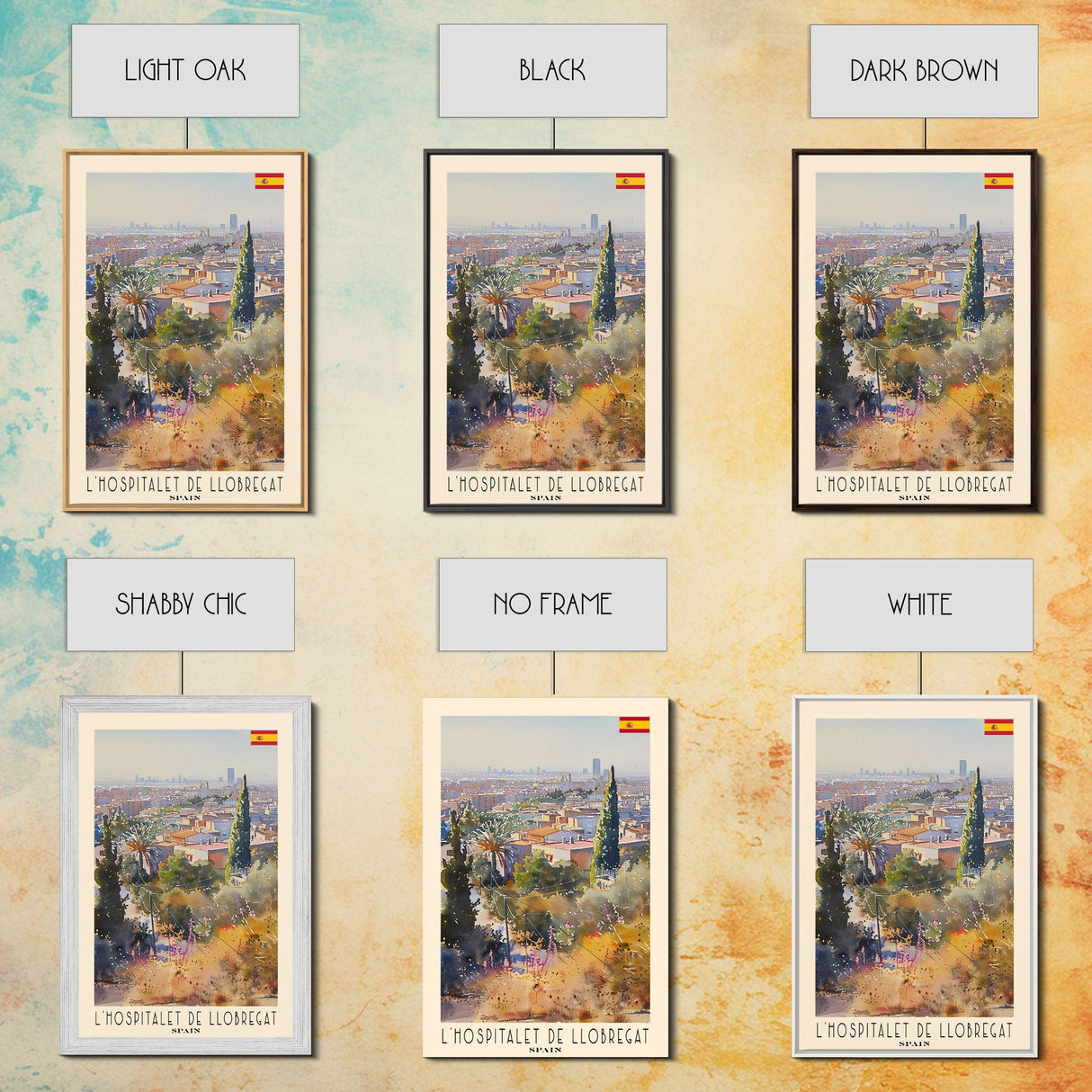 L'Hospitalet Spain Travel Poster Framed Canvas Print, Urban Landscape, Watercolor Painting, Wall Art, Home Decor, Travel Print, Artistic Gift