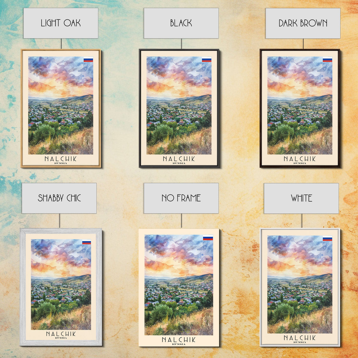 Nalchik Russia Travel Poster Framed Canvas Print, Sunset Watercolor Painting, Scenic Art, Vacation Wall Art, Living Room Decor, Unique Art