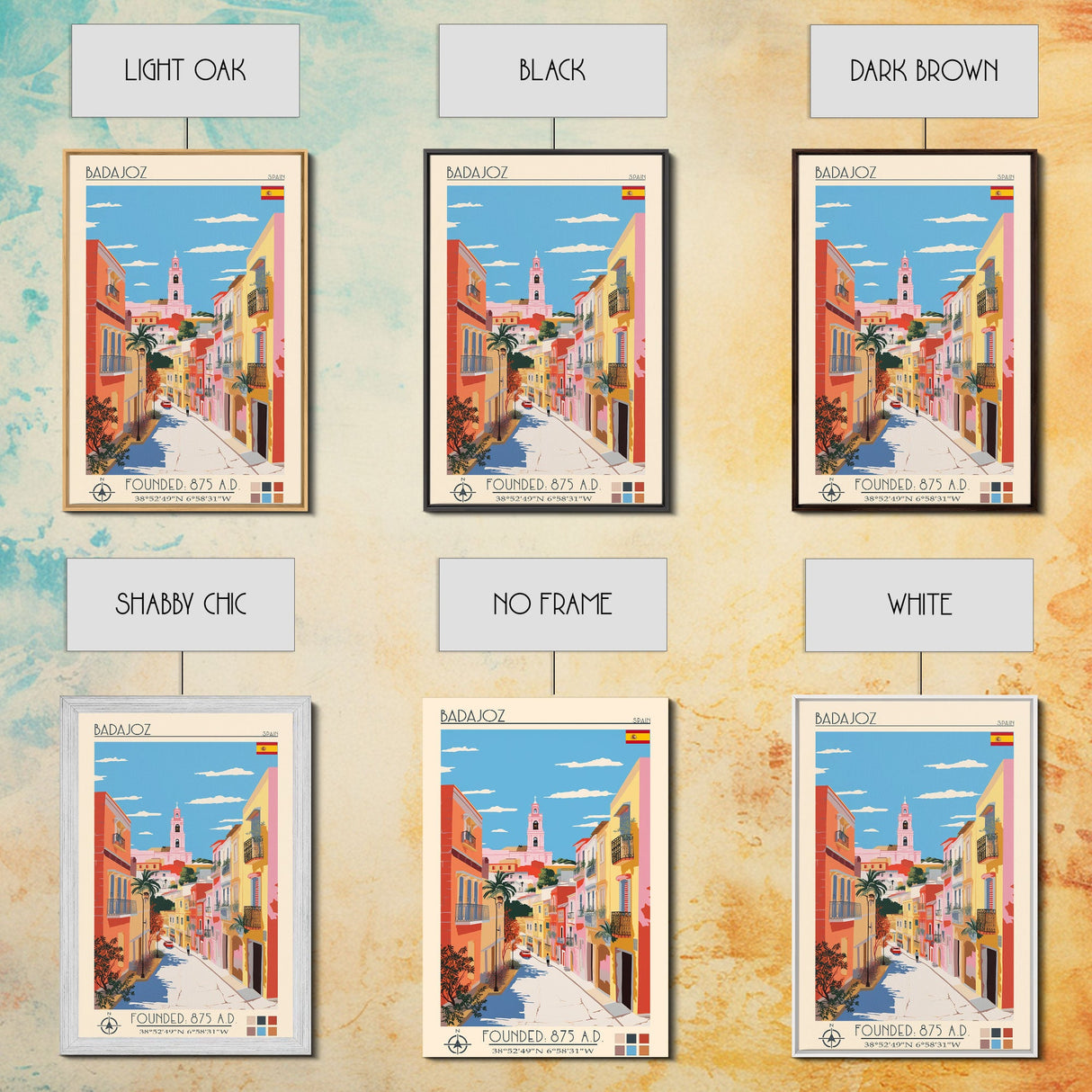 Badajoz Spain Travel Poster Framed Canvas Print, Midcentury Modern Art, Pop Art Wall Decor, Home Decor, Vacation Gift, Living Room Art