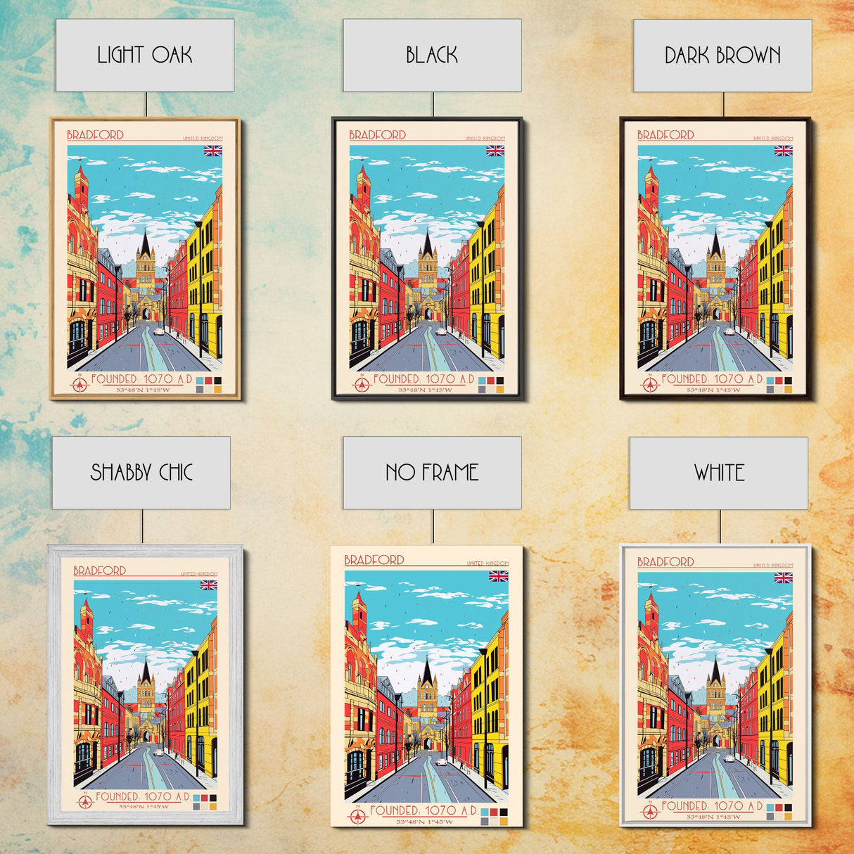 Bradford United Kingdom Travel Poster Framed Canvas Print, Midcentury Modern Art, Pop Art Wall Decor, Home Decor, Vacation Gift, Living Room Art