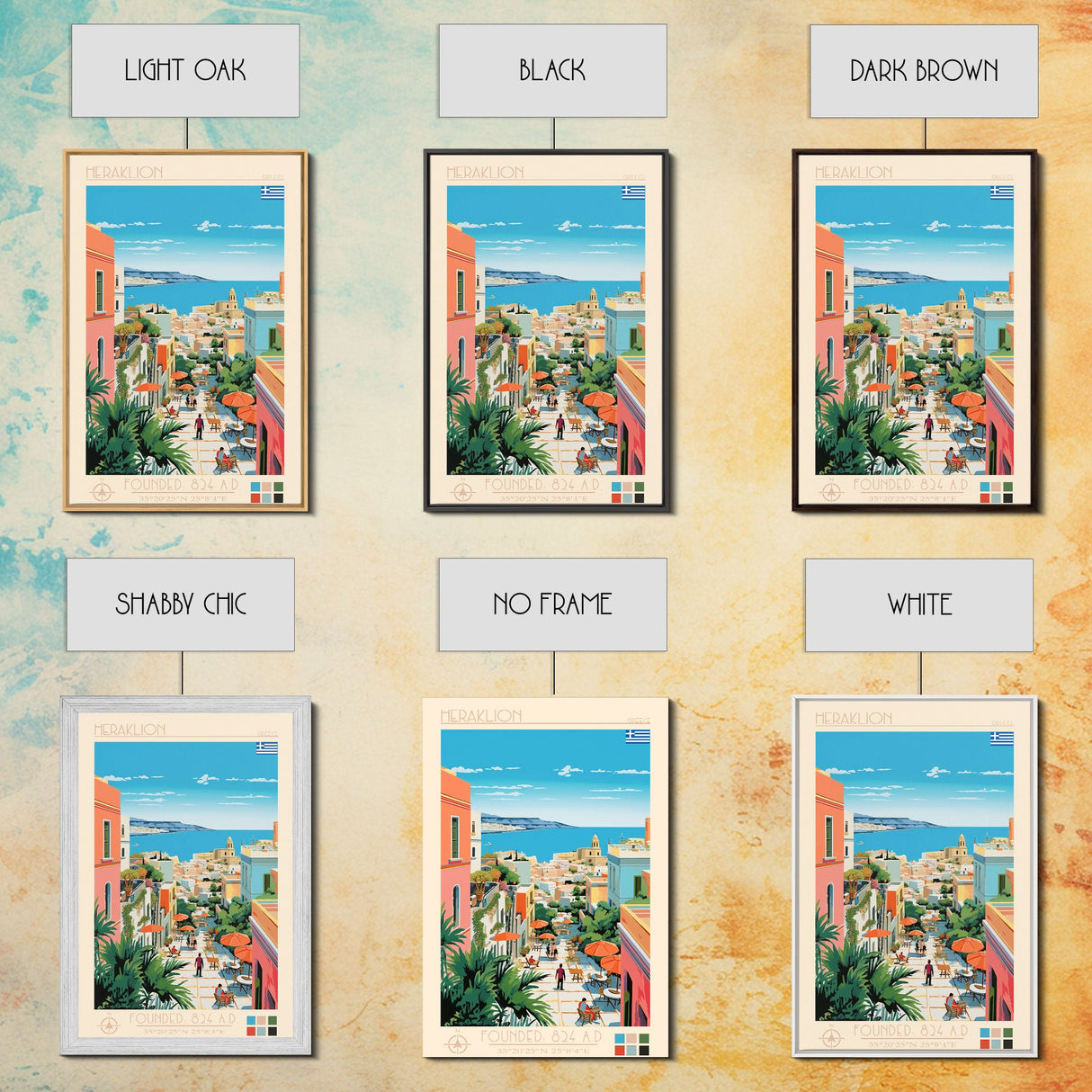 Heraklion Greece Travel Poster Framed Canvas Print, Midcentury Modern Art, Pop Art Wall Decor, Scenic Living Room Art, Bedroom Decor