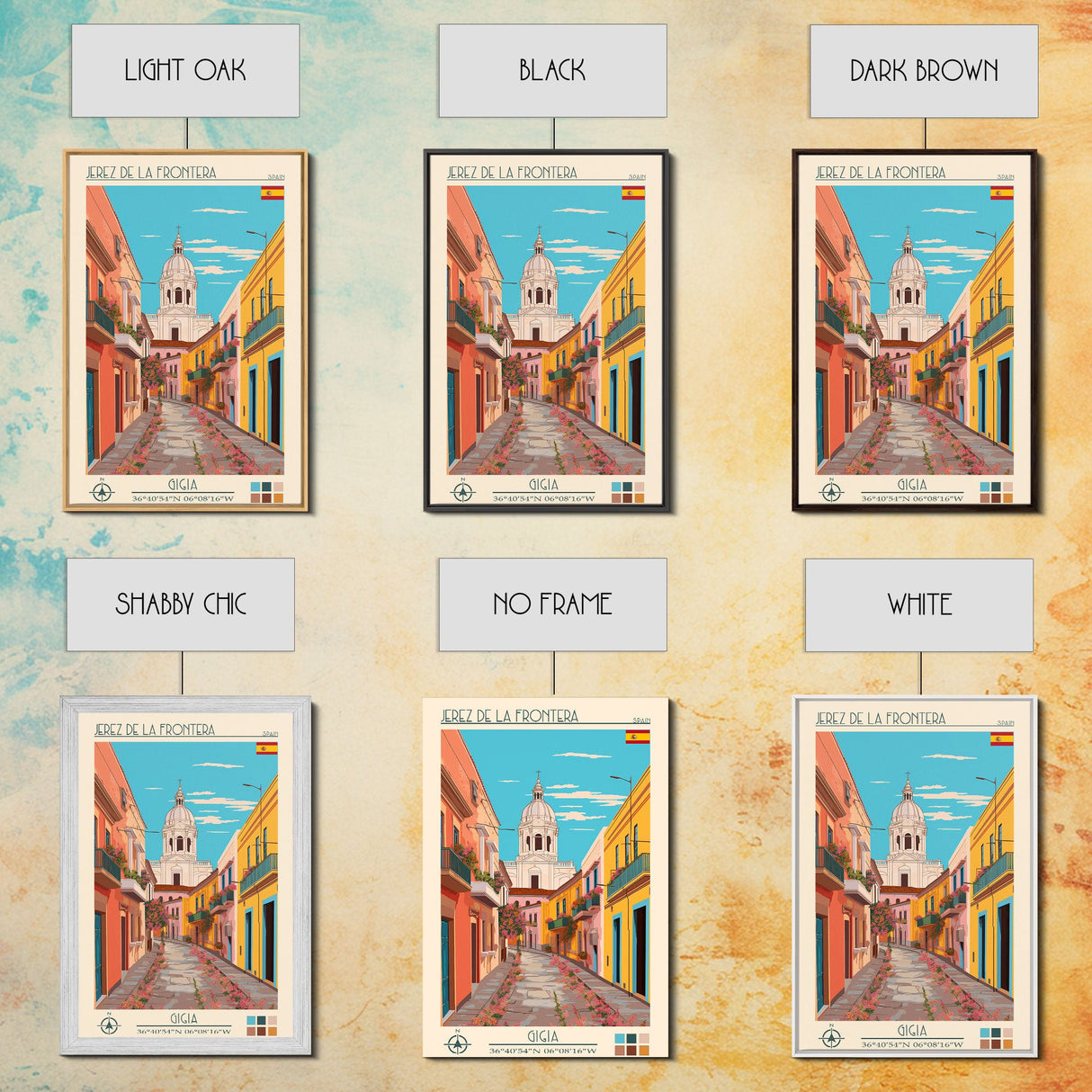 Jerez de la Frontera Spain Travel Poster Framed Canvas Print, Midcentury Modern Art, Pop Art Wall Decor, Scenic Bedroom Art, Office Decoration
